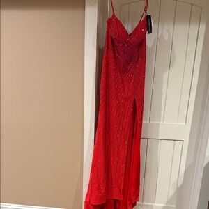 Sherri Hill Red Beaded Spaghetti-Strap Prom Gown